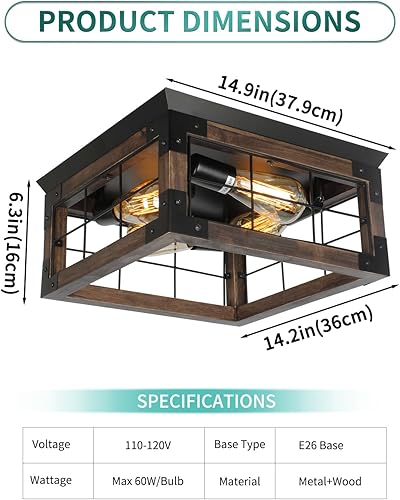 Miniatura 2 de Lámpara de techo de montaje empotrado, 4 luces de madera rústica, cuadrada, lámpara de techo para comedor, cocina, sala de estar, dormitorio, porche
