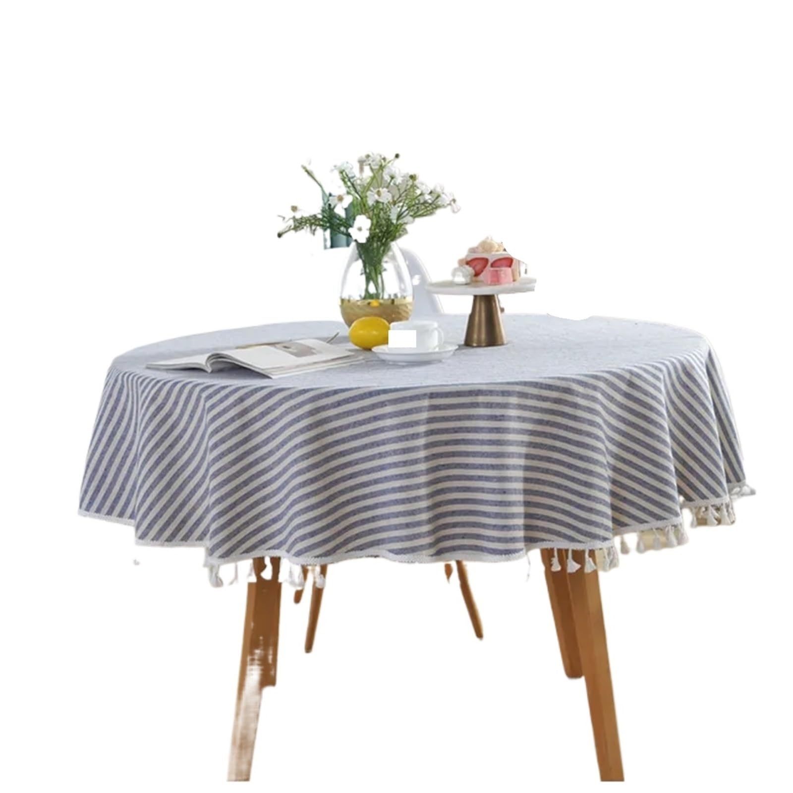 ZHSOAO Striped Round Tablecloth Plain Tassel Table Cloth Cotton Linen Cover Towel for Cafe(Blue,Diameter 120cm)