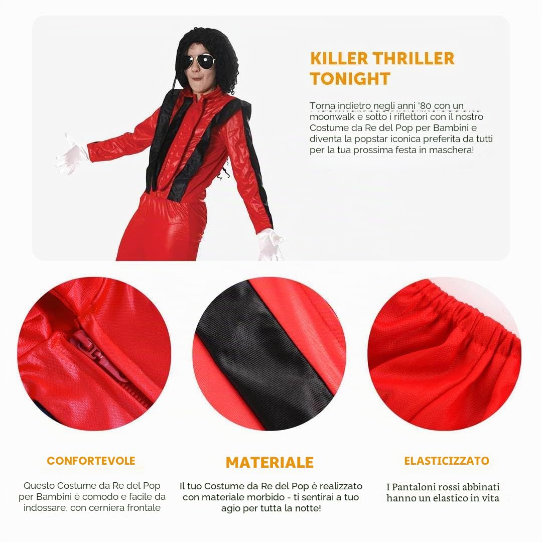 Costume da pop star rossa anni '80, iconica giacca rossa e pantaloni con parrucca nera riccia, occhiali da aviatore Fedora e guanti bianchi, costume per bambini anni '80