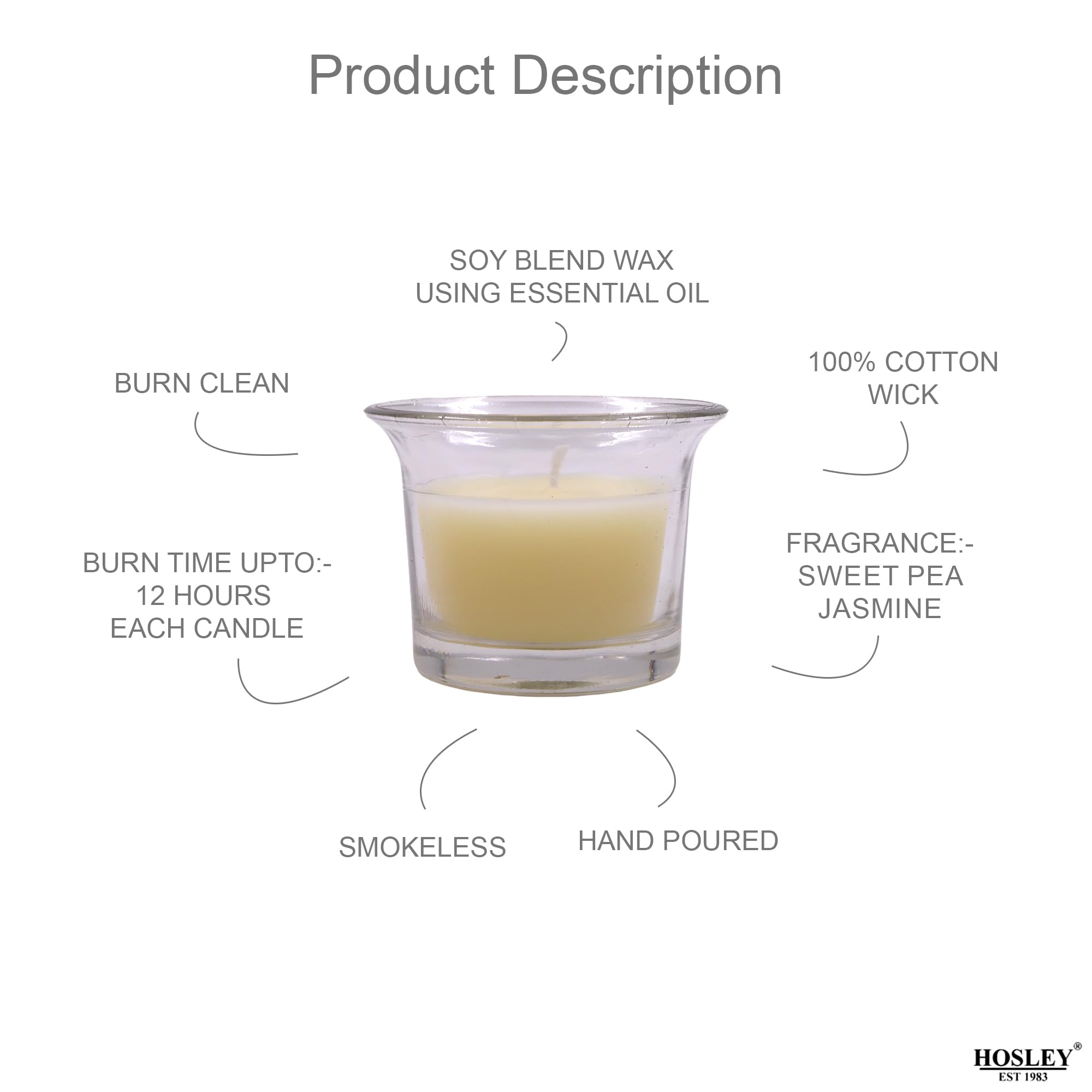 HOSLEY Sweet Pea Jasmine Fragrance Votive Clear Glass Filled Candles|Scented White Candles Perfect for Home Decor Lighting|Burn Time 9 Hours Each|4.5 cm Diameter|Pack of 6|4.5 cm Long Each 1