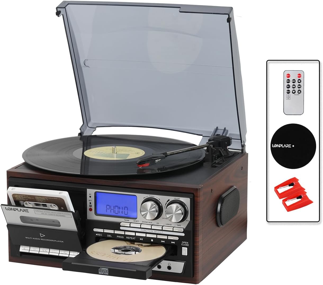 All in One Vintage 3 Speed Vinyl Record Player with Built-in Speakers,Bluetooth in/Out Turntable,CD Player/Cassette/USB/TF Card,AUX in,FM/AM Radio,RCA Out,Recording