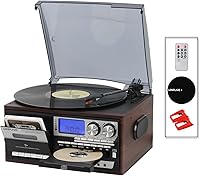 Vista 1 de All in One Vintage 3 Speed Vinyl Record Player with Built-in Speakers,Bluetooth in/Out Turntable,CD Player/Cassette/USB/TF Card,AUX in,FM/AM
