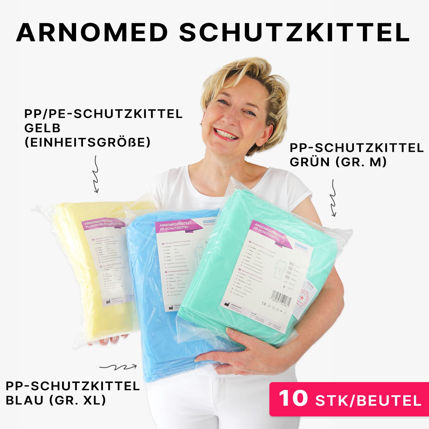 10 ARNOMED PP+PE-Schutzkittel Einweg, OP Kittel Virendicht, Gelbe Einweg Kittel in 130x140cm, PP Vlieskittel mit PE-Schicht, Einmalkittel 30 g/m², OP-Kittel, Schutzkittel wasserdicht, Einwegkittel
