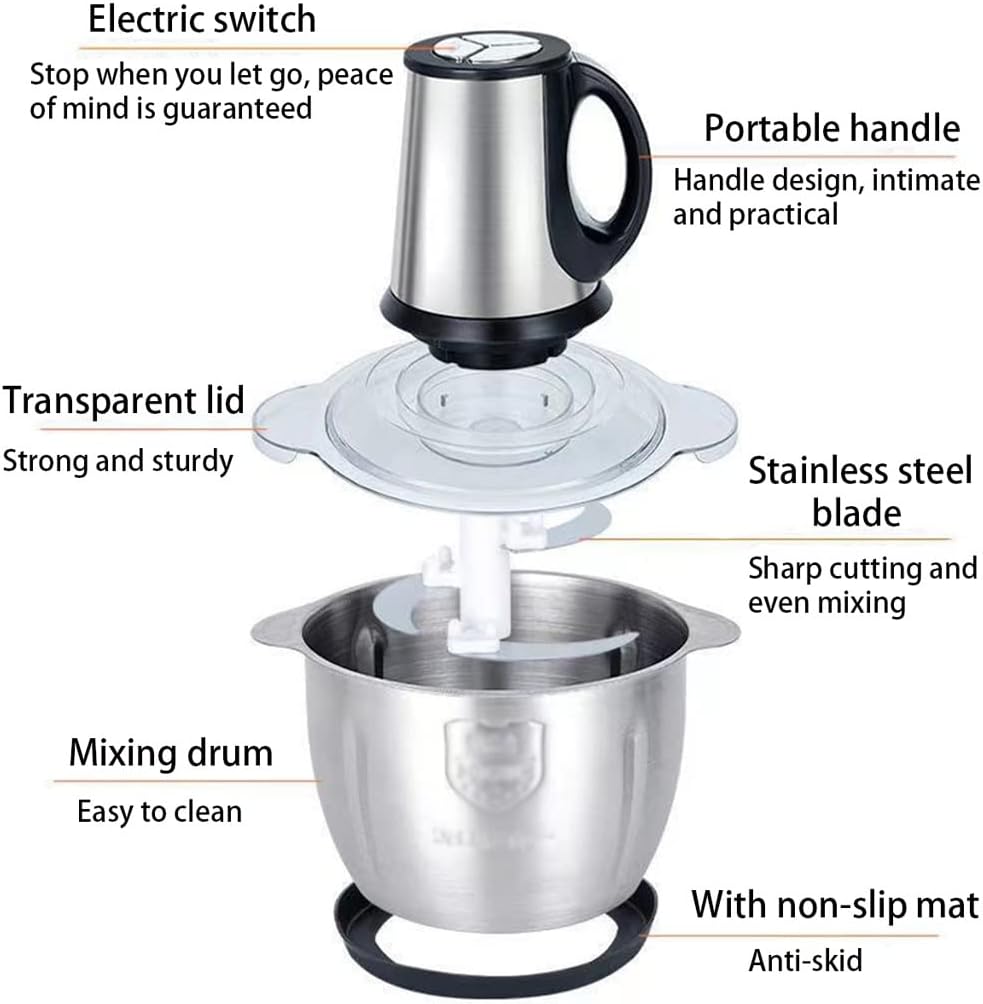 3 Speeds 2L 3L Electric Chopper Meat Grinder Stainless Steel Mincer Food Processor Kitchen Slicer Egg Beater(2L)