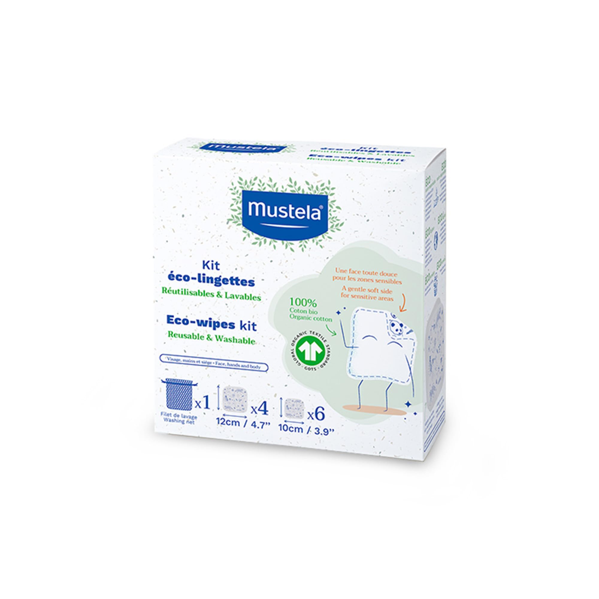 Mustela Toallitas Reutilizables 100% Algodón GOTS para el Cambio de Pañal, Cuerpo y Maquillaje, Bebé y Toda la Familia - Limpian la Piel y Absorben la Suciedad, Aptas para Pieles Sensibles (10 uds.)