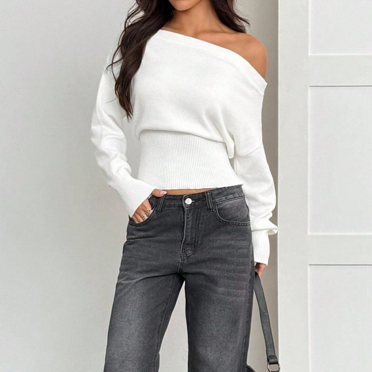 LOFAAC Women Sexy Off Shoulder Cinched Waist Knitted Sweater Top Asymmetrical Neck Long Sleeve Ribbed Pullover Jumper - Image 7