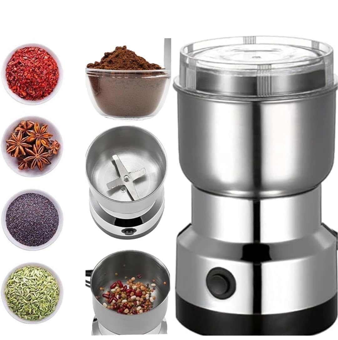 Wancle Protable Electric Coffee Grinder, Stainless Steel Dried Spice Grinder and Chopper, Coffee Bean Grinder Machine for Spice, Pepper, Herbs, Nuts (Silver)