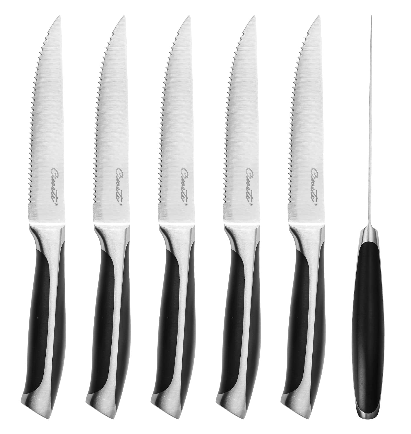 Serrated Steak Knives Set of 6, 5 Inch Stainless Steel Steak Knife Set with Ergonomic Handles, 6-Piece Sharp Knives for Weekly Family Dinners, Black