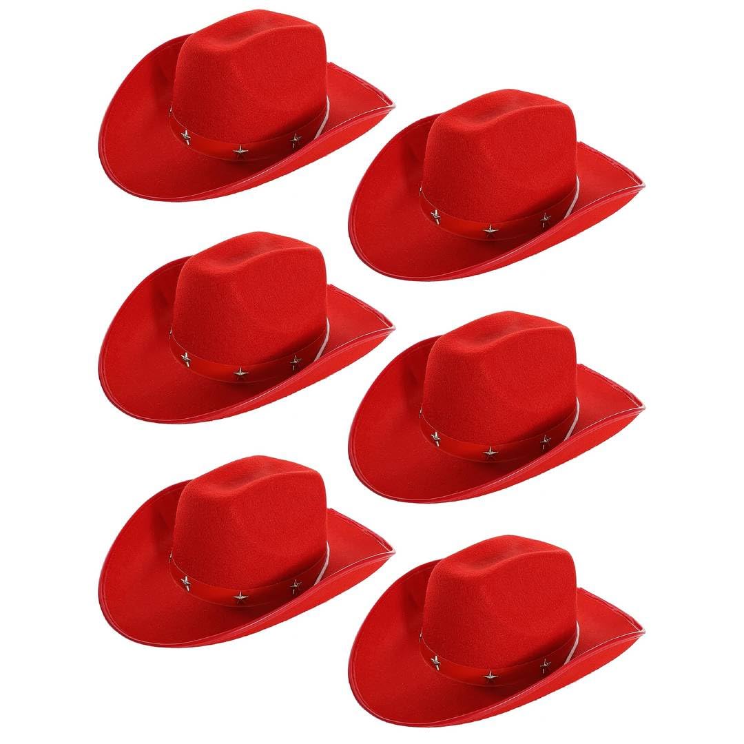 Adults Star Studded Cowboy Hat - Pack of 6 - Red Felt Western Style Hat with Decorative Star Studs - Classic Wild West Fancy Dress Costume Accessory for Parties Festivals Cosplay Cowgirl Events
