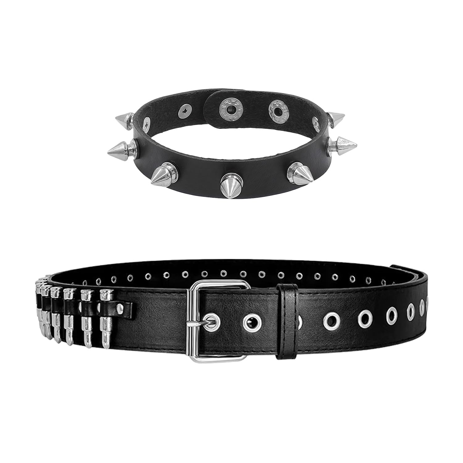Rnfksu Unisex Black 1 Piece Of Rivet Bullet Belt And 1 Piece Of Gothic Bracelet, Personality Trend Belt, Fashion Leather Bracelet, Hip-Hop Wear Matching Accessories.