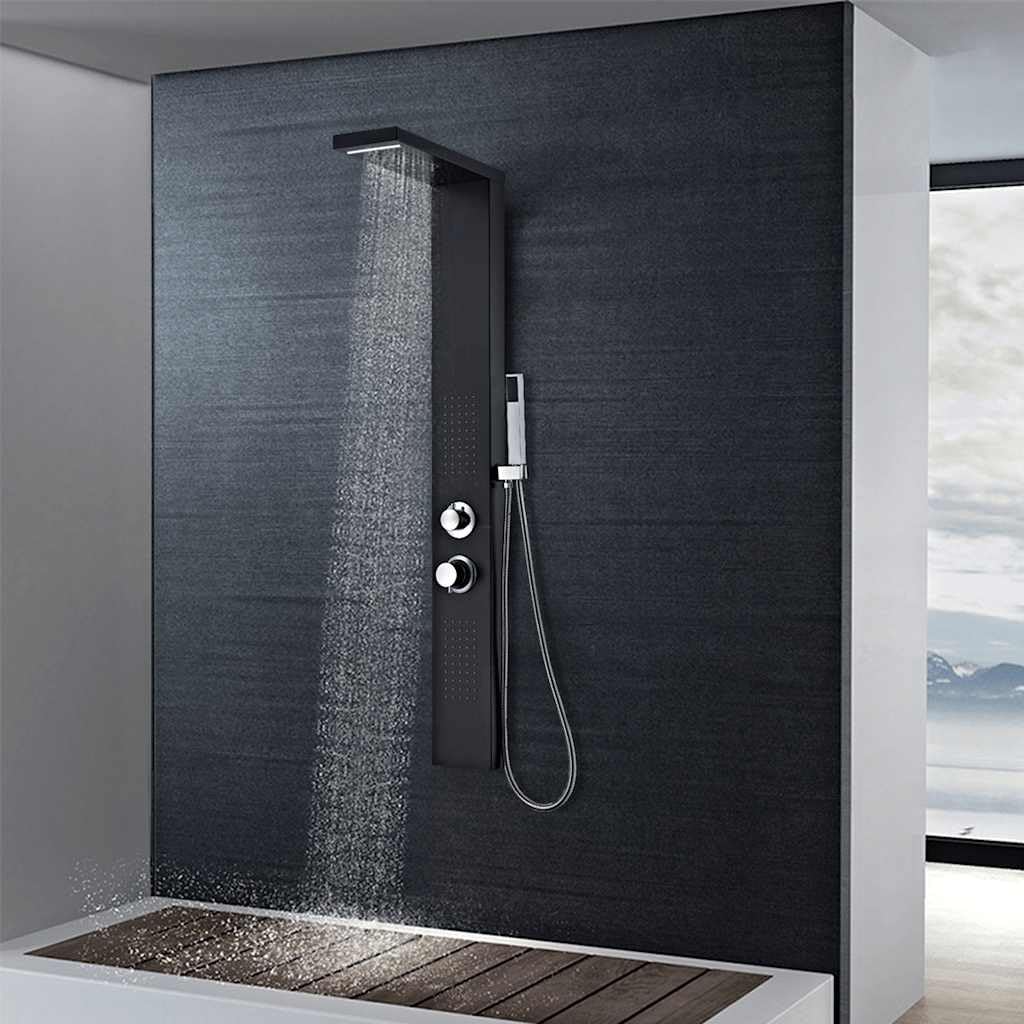 Pannello doccia in alluminio nero opaco con doccia a pioggia a cascata, doccetta a mano e getti massaggianti