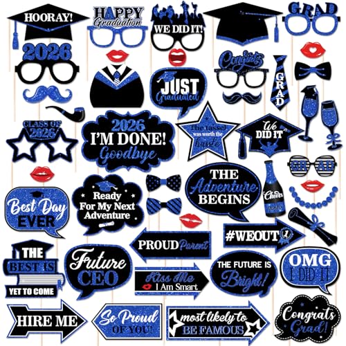 46Pcs Black Blue Graduation Photo Booth Props 2026 Graduation Decorations with Sticks Class of 2026 Grad Party Favors Supplies for High School & College