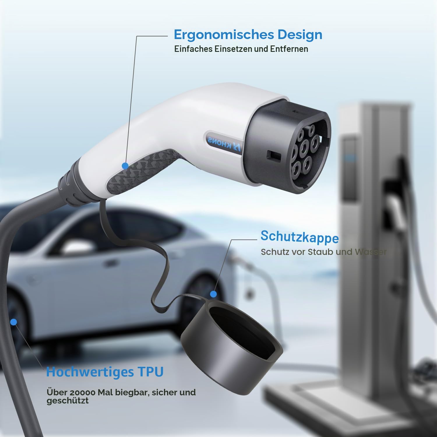 Typ 2 Ladekabel 16A/11 kW/3-Phasig/5 Meter Elektroauto Ladekabel für E Auto EV/PHEV Modus 3 Kompatibel mit Model Y 3 S X, ID.3, ID.4, ID.5, IONIQ 5 (Weiß)