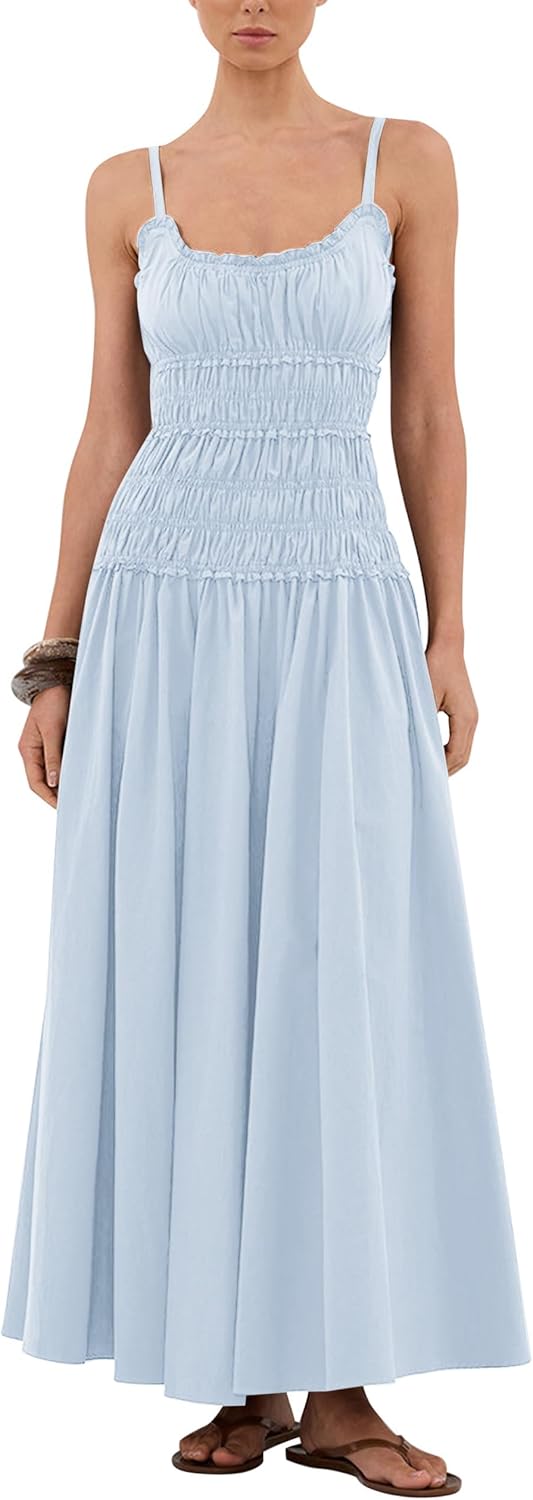Womens Summer Spaghetti Strap Maxi Dress Scoop Neck Ruched Flowy Long Dresses Casual Sleeveless Cotton Sundress