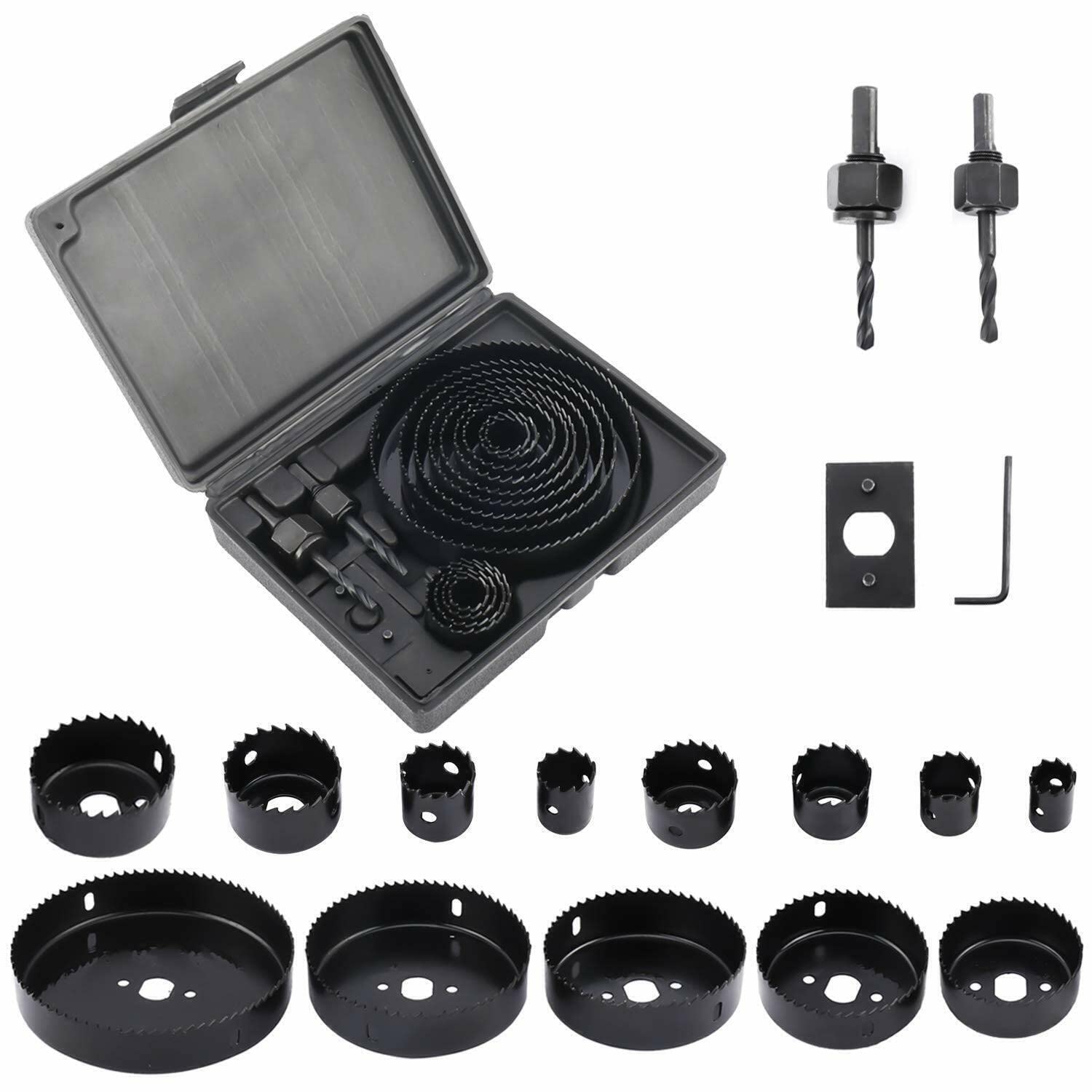 BTSHUB 17 Pcs Hole Saw Set, Includes 13 Pcs Saw Blades (3/4" to 6‘’), 2 Mandrels, 1 Installation Plate, 1 Hex Key, Suitable for Soft Wood, Plywood, Drywall, PVC