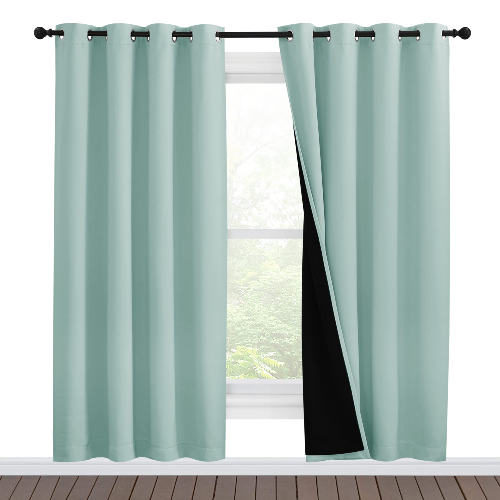NICETOWN 100% Blackout Window Curtain Panels, Full Light Blocking Drapes with Black Liner for Nursery, 78-inch Drop Thermal Insulated Draperies (Aqua Blue, 2 Pieces, 55-inch Wide Per Panel)