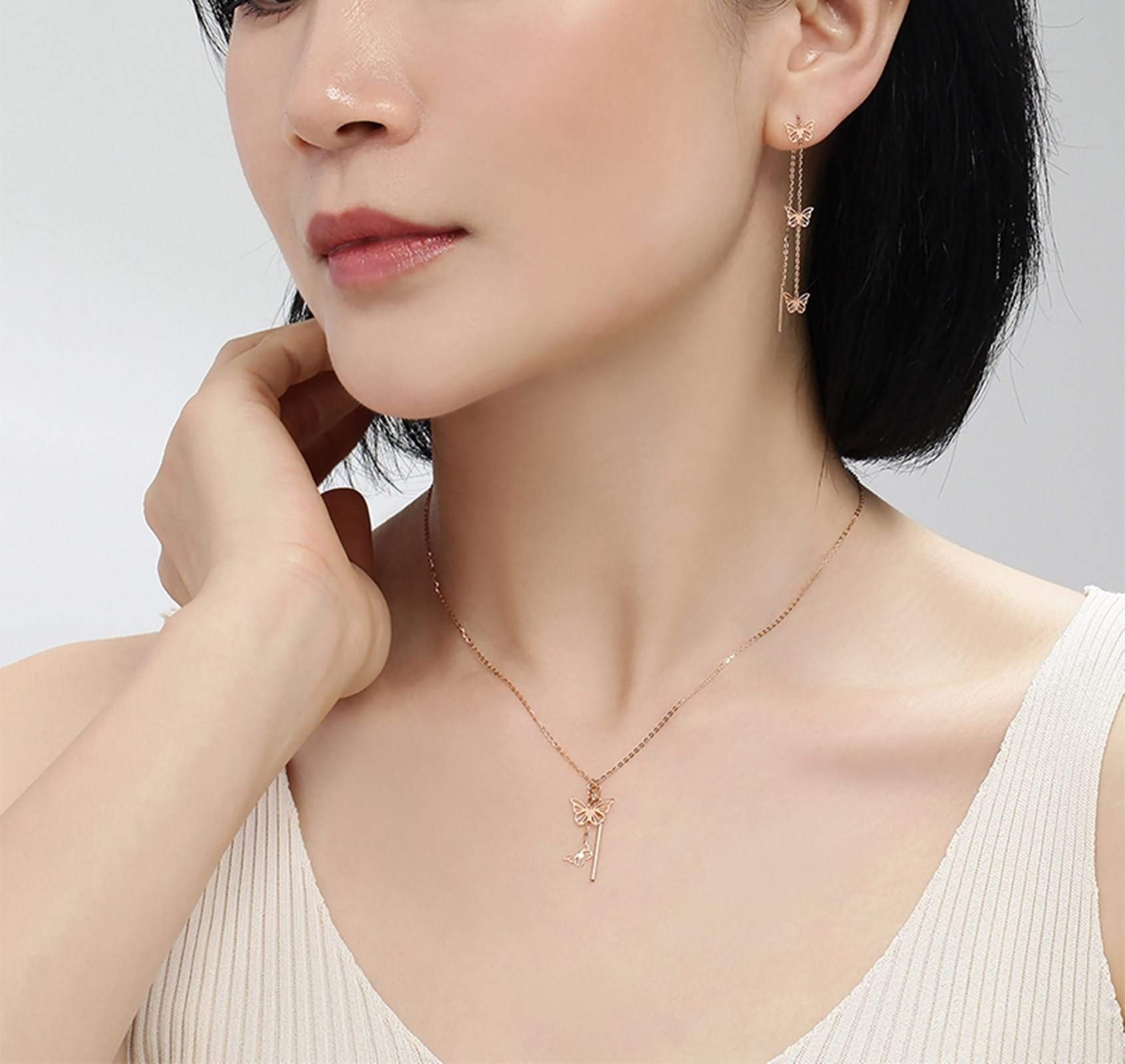 Collar con Colgante de Mariposa para Mujer, Oro Rosa de 18 Quilates, Regalo de Boda