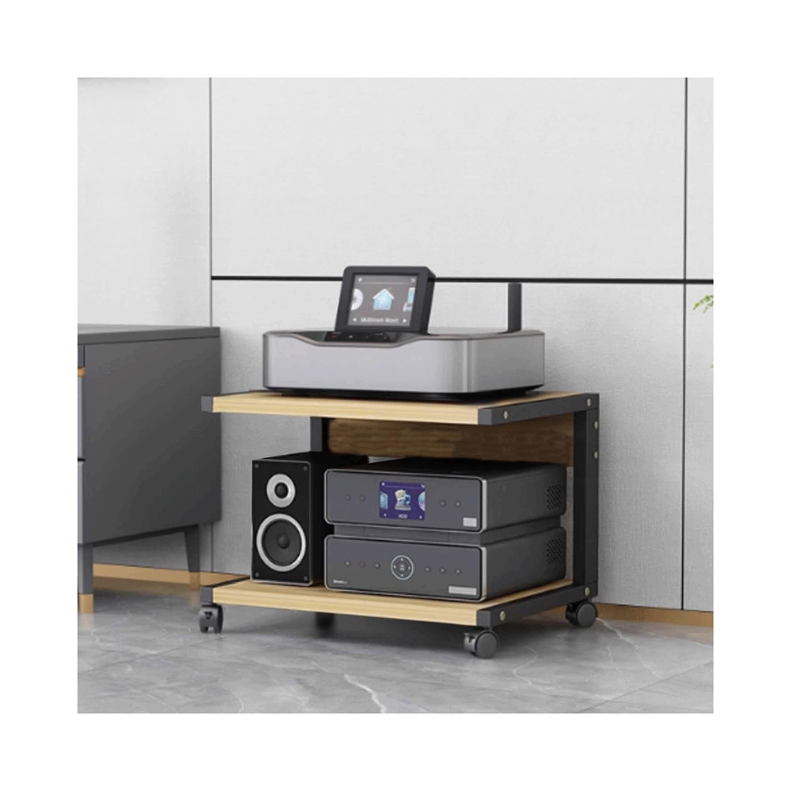 Stojak 2-poziomowy stojak na multimedia, szafka stereo, drewniana wieża audio z kółkami, nowoczesna półka audio-wideo, konsola do gier, rozrywka, półka, salon, naturalny, 50 x 40 x 35 cm