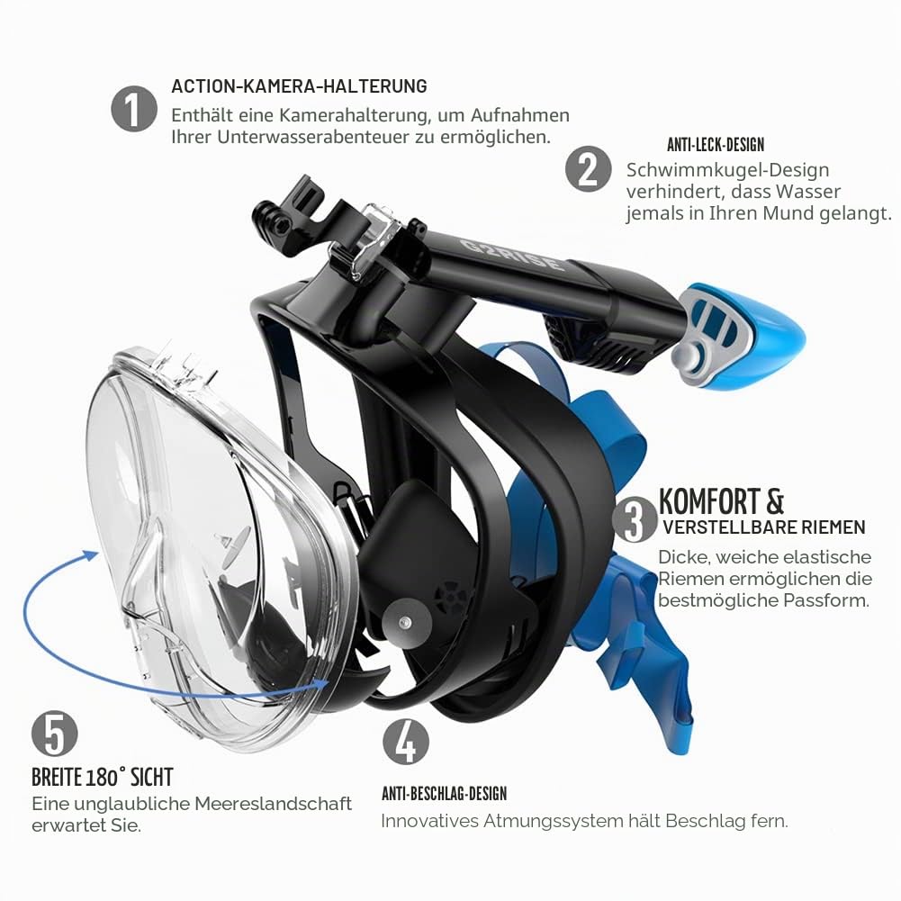 G2RISE® Schnorchelmaske, Tauchmaske, Faltbare CO2-sichere Schnorchel Vollmaske mit Kameraposition für Kinder und Erwachsene