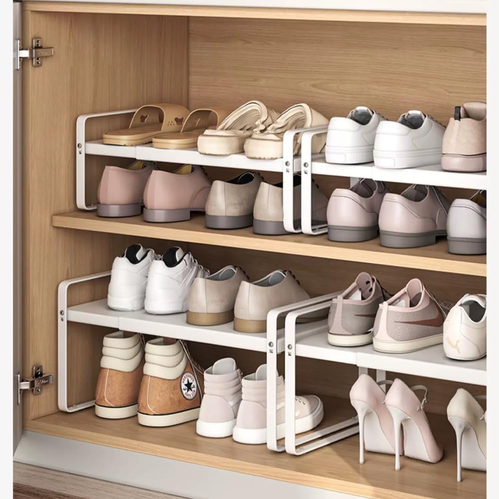 Bayou - Zapatero expandible de 2 niveles, organizador de almacenamiento de zapatos ajustable para armario, estante de zapatos de metal resistente, zapatero apilable para espacios pequeños (H: