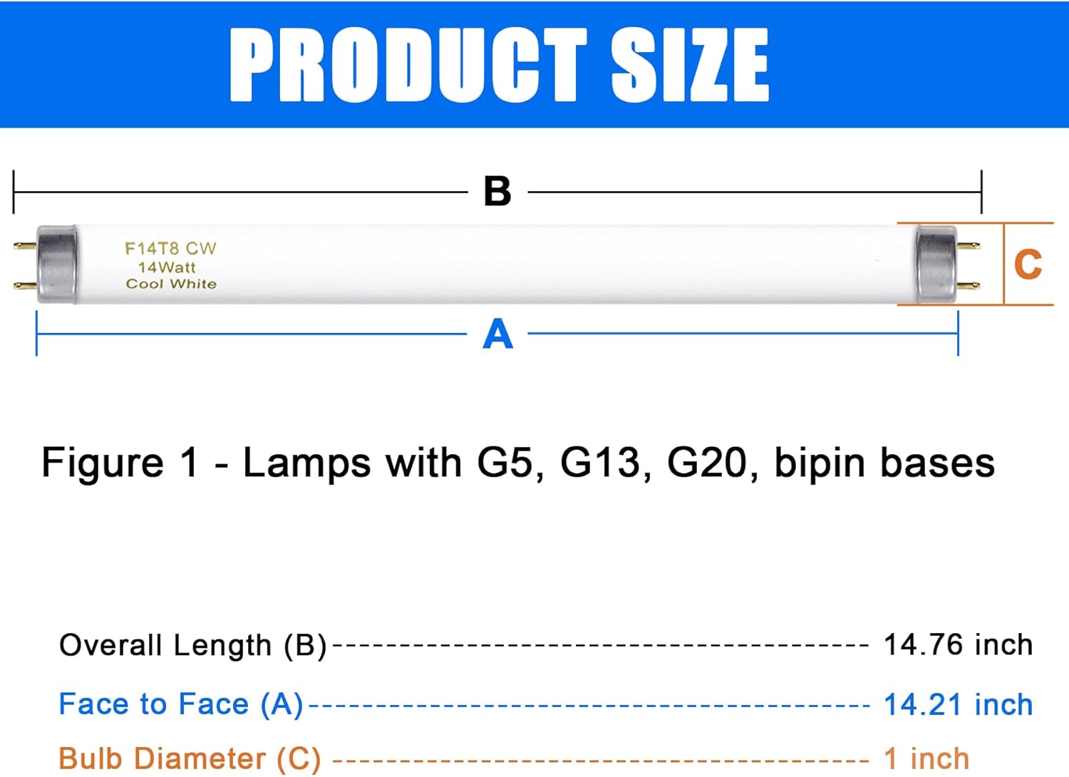 Konideke 15 Inches T8 Fluorescent Light Bulb 4100K 14 Watt, F14T8/CW 14W Fluorescent Tube,14 Watts, G13 Medium Base, 650 Lumen, 6 Pack 6Pcs T8 14W CW