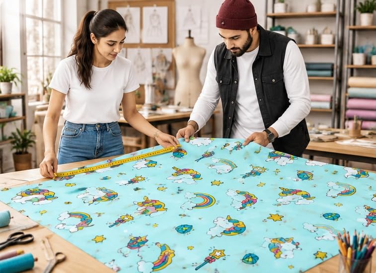 Image of Premium Printed Cotton Fabric - Multi-Purpose Floral Print Fabric for Family Clothing, Curtains, Sofa Covers, Cushions & Home Decor | Soft, Breathable & Durable (Blue, 5 Meter)