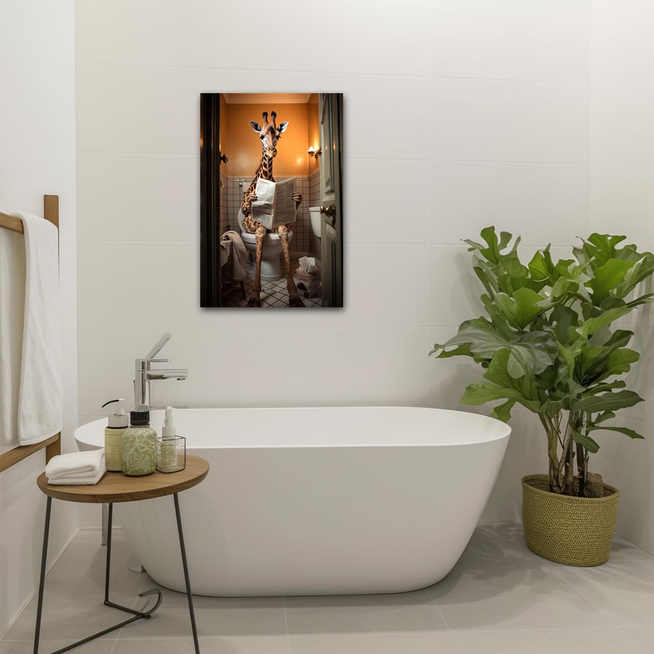 CXHOSTENT Bathroom Wall Decor Giraffe Sitting on Toilet Reading Newspaper Canvas Prints Funny Animal Bathroom Picture for Restroom Baby Room Decor (A-2 - Image 2