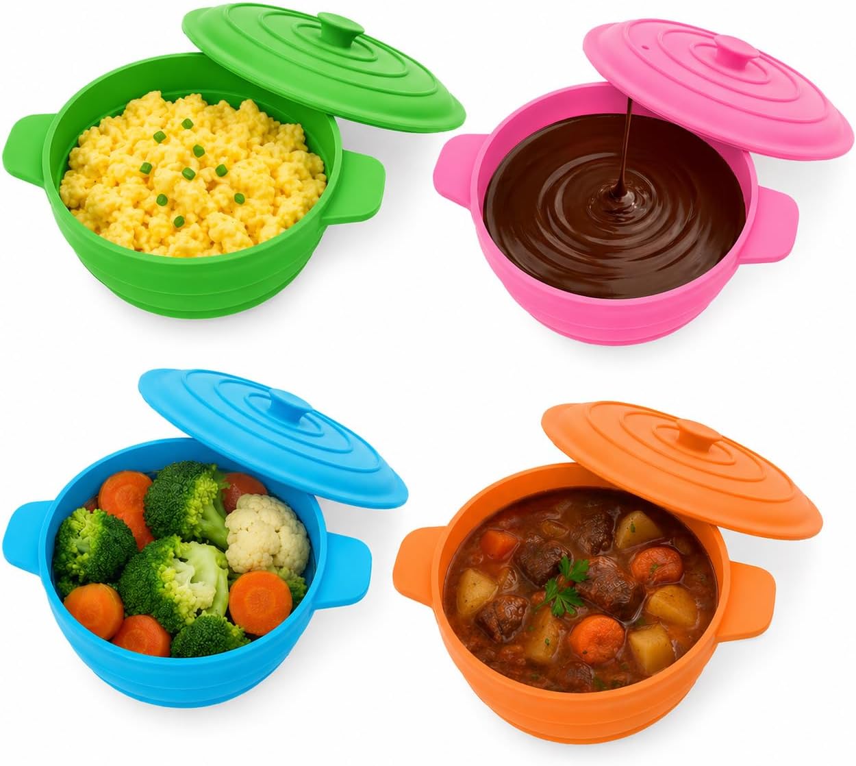 Bakerpan Silicone Microwave Egg Cooker - Set of 4 Collapsible Mini Microwave Bowls with Lid, 4.75"x1.75", 1.5 Cup - Egg Poacher, BPA-Free, Dishwasher Safe