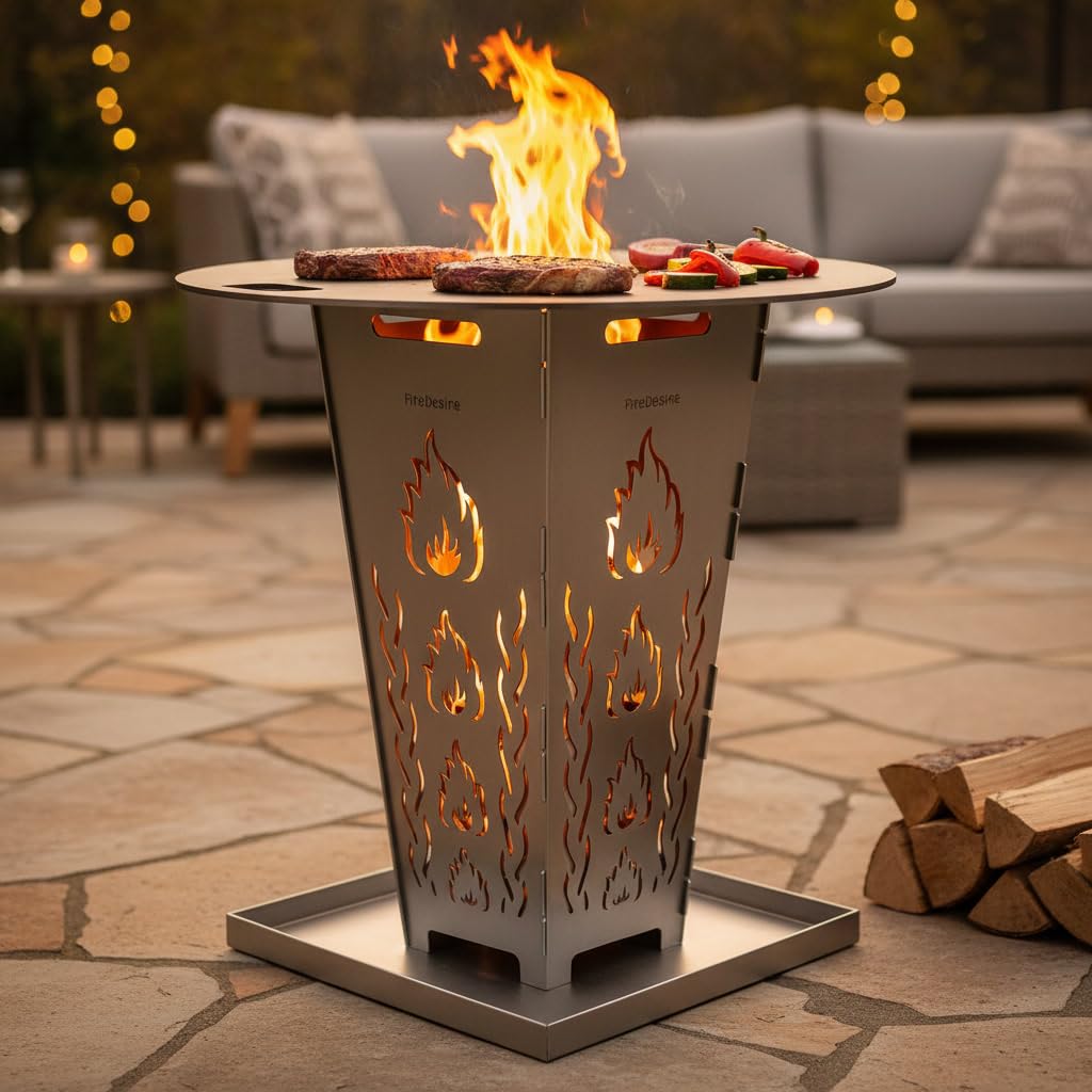 FireDesire Feuerkorb 80 cm mit massiver Grillplatte und Ascheschale, Feuerschale mit Grillplatte für Garten und Terrasse, Made in Germany