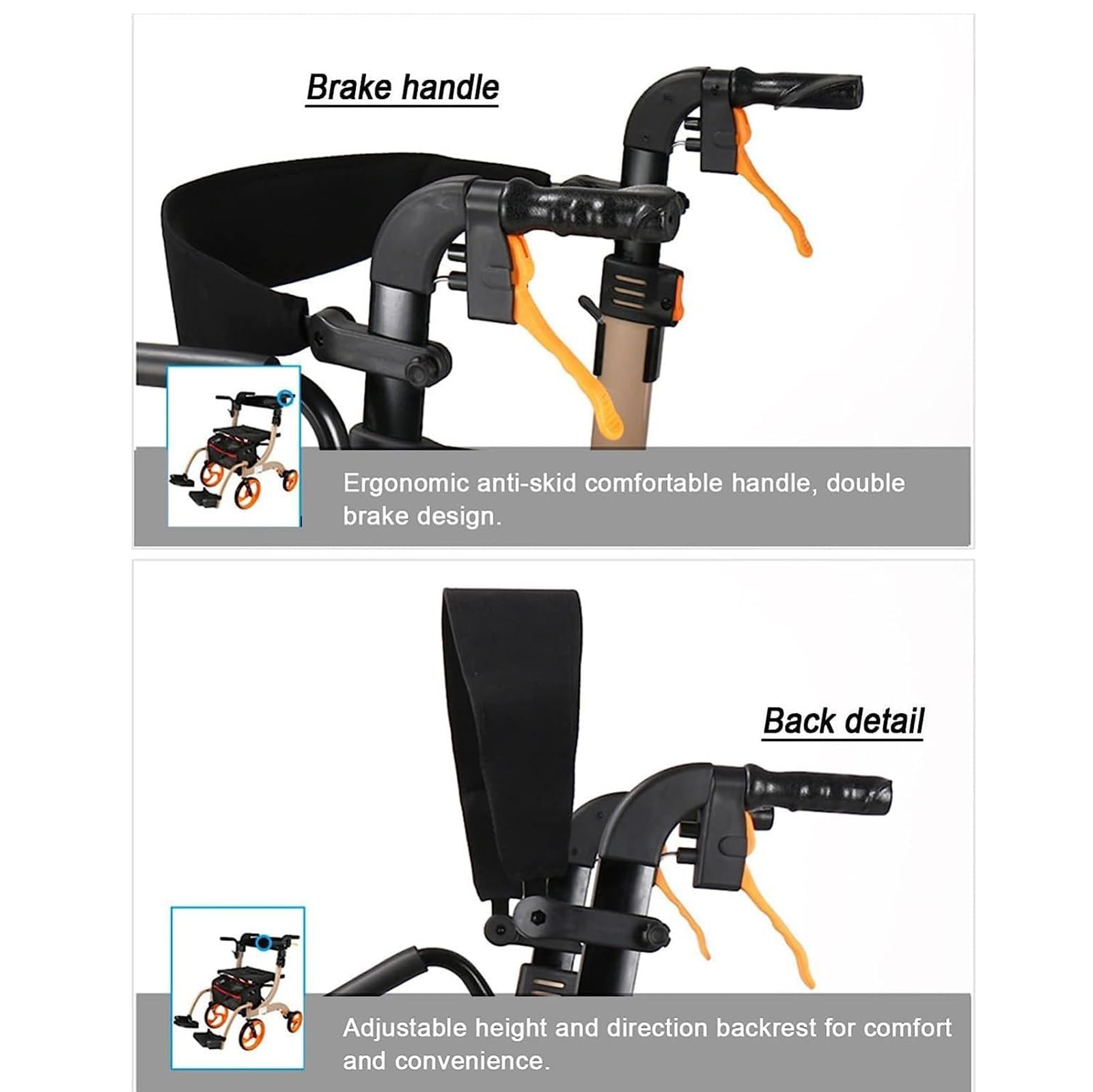 Rollator Walker with Seat Seniors 2-w-1 Rollator Walker Wheelchair Combo Transport Wheelchair Lightweight Foldable 220lb Collapsible 4 Wheel Transport Chair w/Brake Footrest Pouch