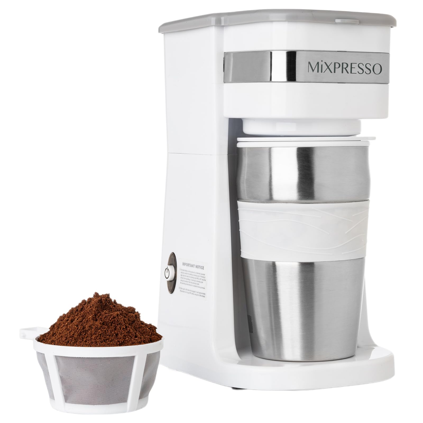 Mixpresso Cafetera personal blanca de una sola porción con taza de viaje de 14 onzas, cafetera pequeña de goteo con apagado automático, filtro reutilizable, funciona solo con café molido, no para