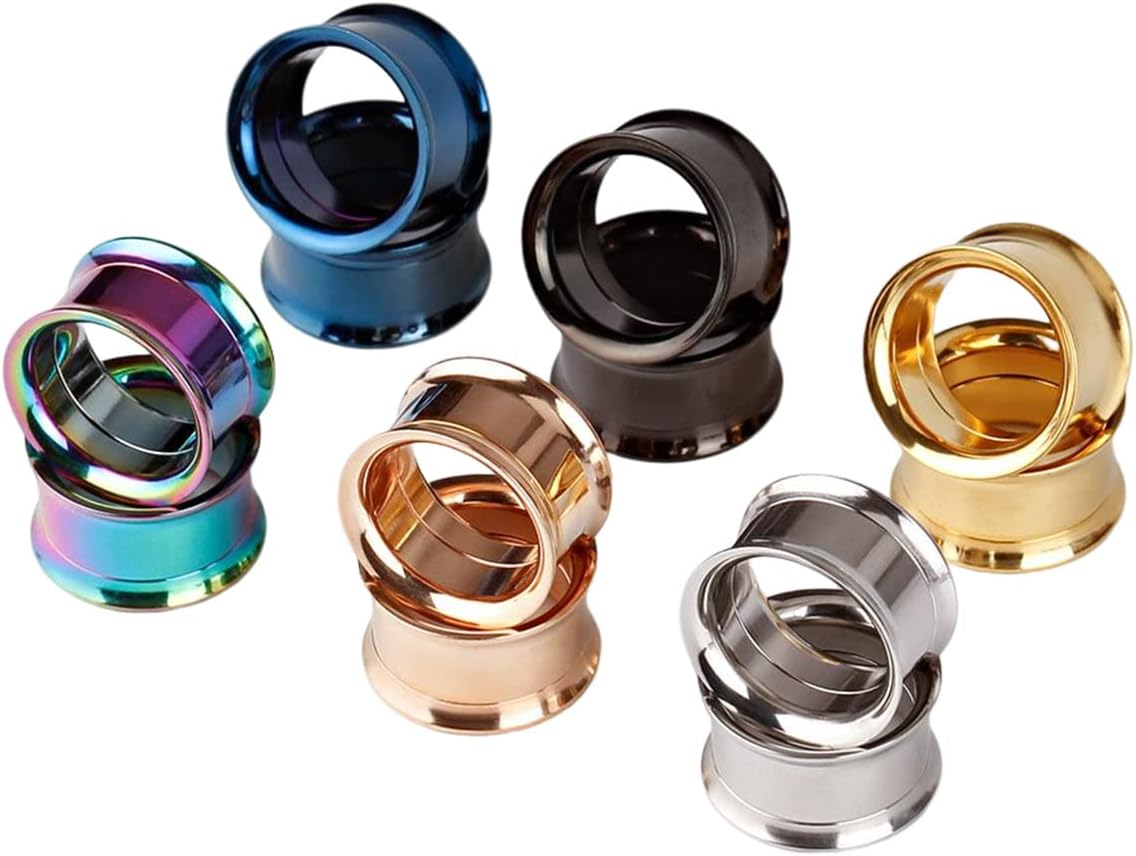 Tunnel Set 6 mm 8 mm 10 mm 12 mm 14 mm 16 mm 18 mm 20 mm Flesh Tunnels 316L Surgical Stainless Steel Ear Plug 6 Colourful Double Flared Plugs Classic Expander for Women Men Pack of 12