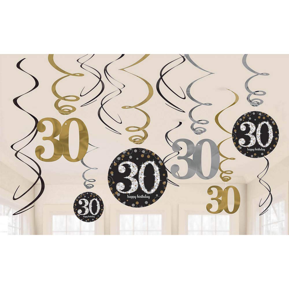 Amscan Gold 670478 - Sparkling Celebration 30Th Birthday Hanging Swirl Decorations - 12 Pack