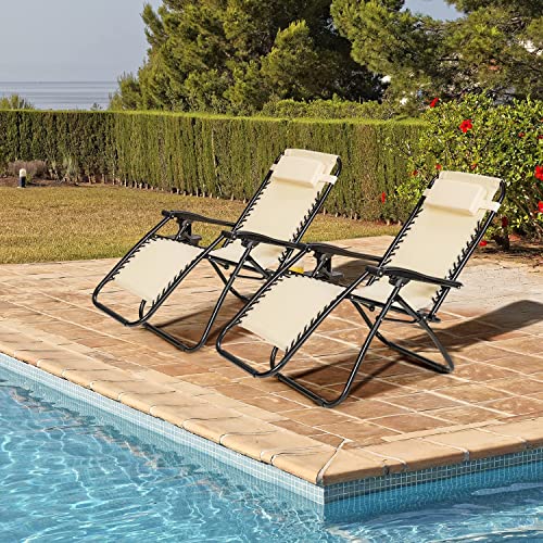 Image of STAR WORK Stainless Steel Zero Gravity Chair, Lawn Chair Recliner Lounge, Portable Camping Folding Beach Chair With Removable Pillow (Beige)