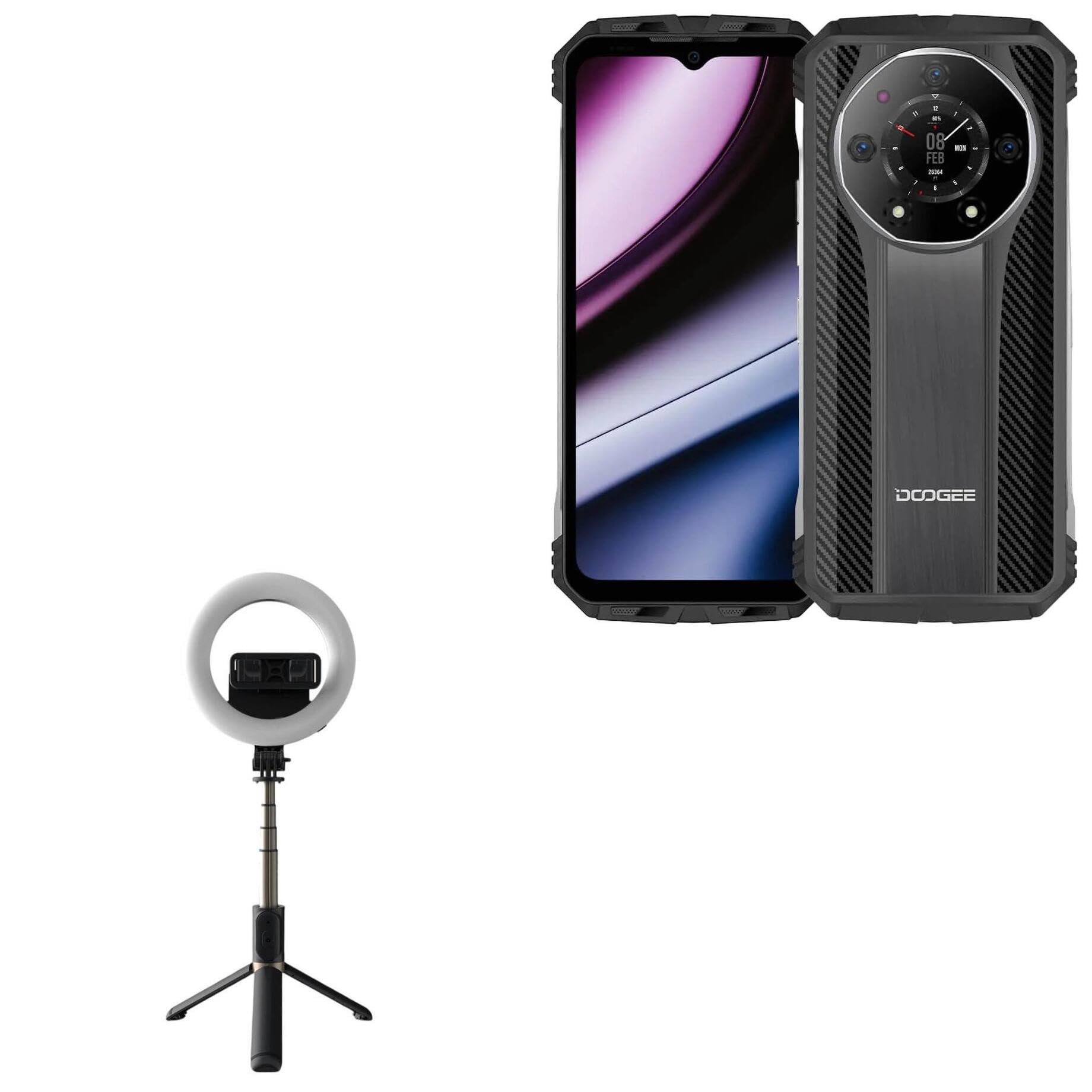 BoxWave Stand and Mount Compatible with Doogee S6000 - RingLight SelfiePod, Selfie Stick Extendable Arm with Ring Light - Jet Black