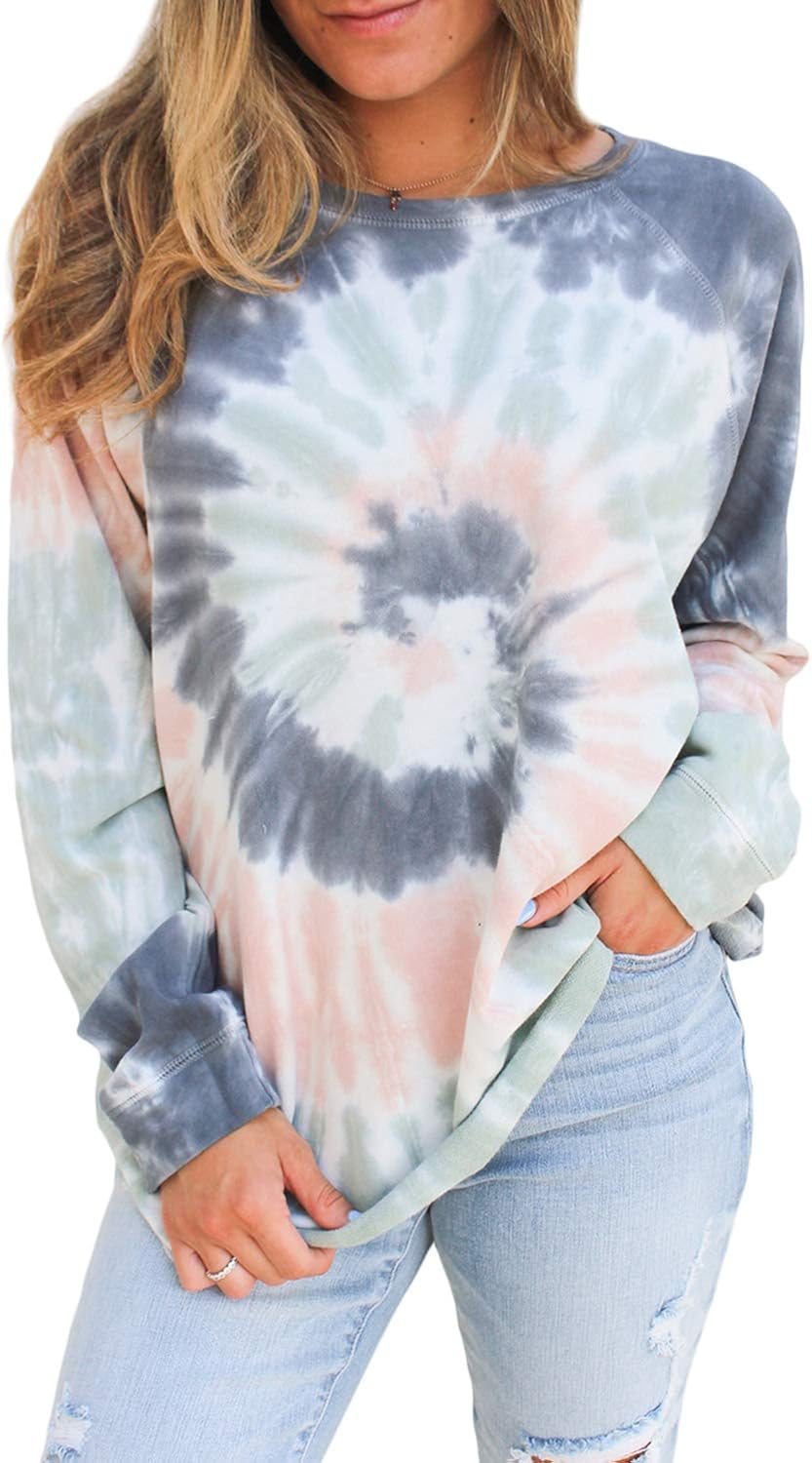 FARYSAYS Women's Casual Color Block Tie Dye Crewneck Long Sleeve Loose Pullover Sweatshirt Tops