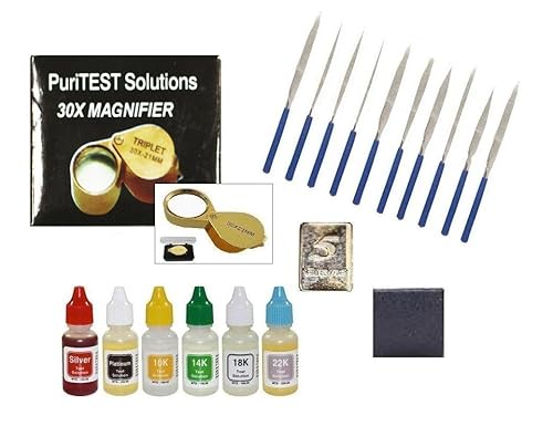 PuriTest - Kit de pruebas de oro plata y platino 6 soluciones de botellas de ácido fresco 10 unidades de archivador 10 lentes de ojos barra de