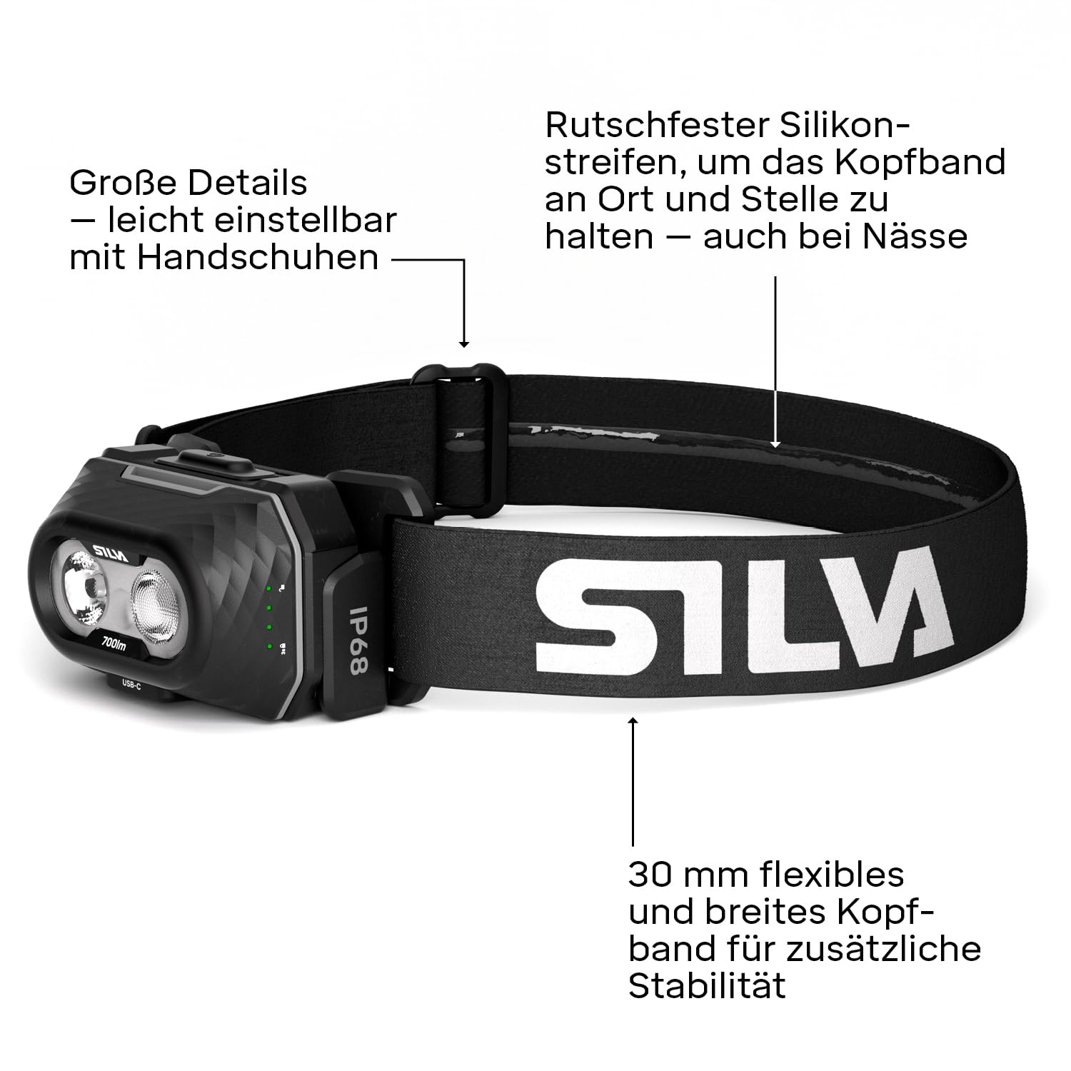 Silva Stirnlampe LED Wiederaufladbar USB C - Explore 5-700 Lumen Stirnlampe Rotlicht - 4 Helligkeitsstufen - Weiß, Orange & Rot LED Kopflampe - Batterieanzeige - Kopflampe Aufladbar