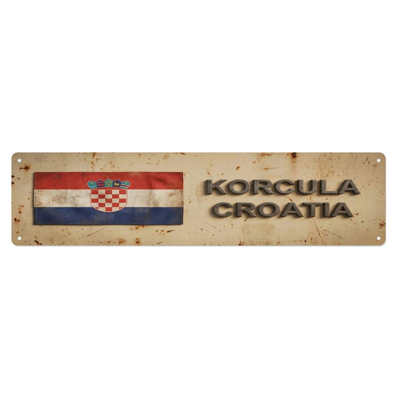 Vintage Korcula Croatia Flag Decor Rustic Travel Metal Tin Sign
