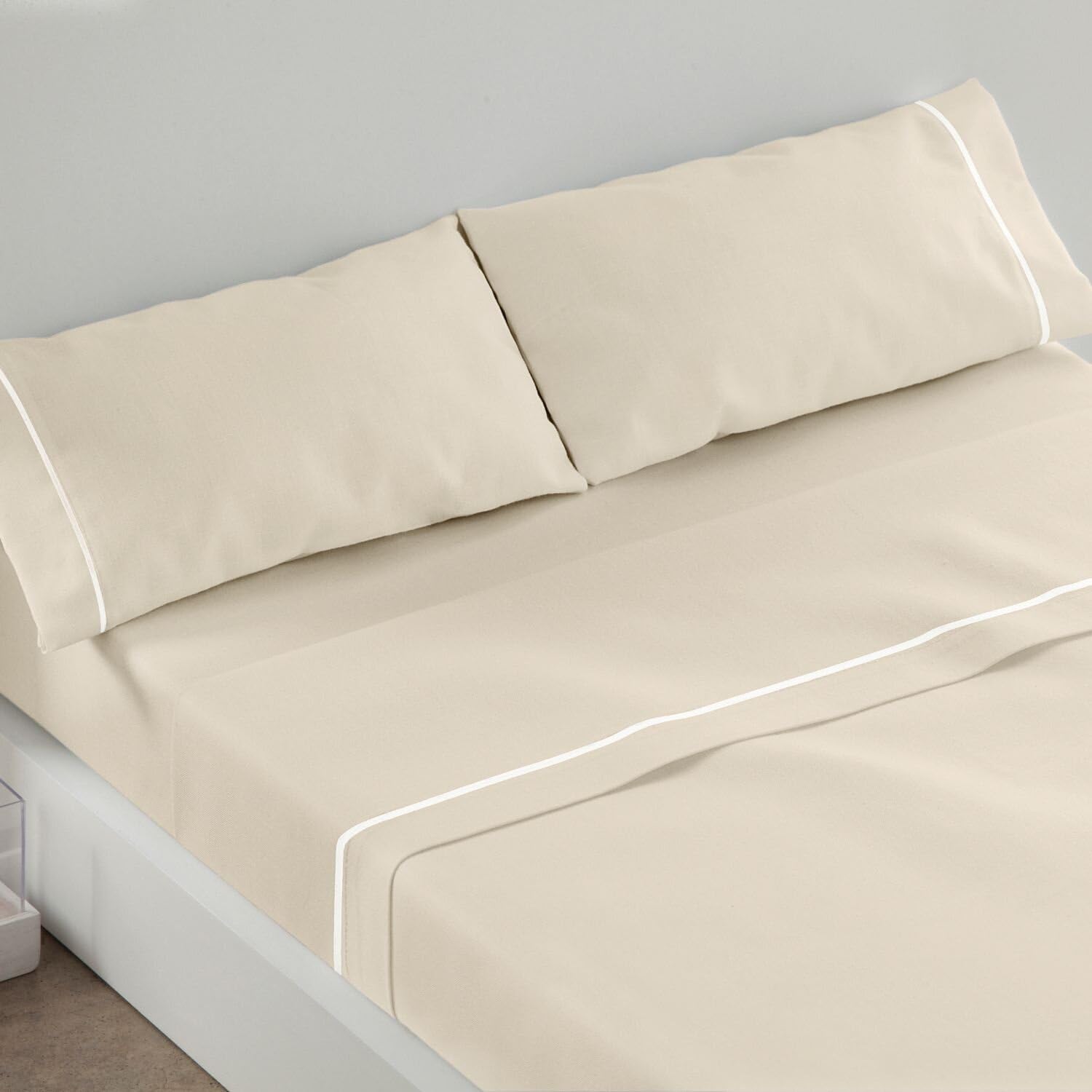Burrito Blanco | Juego de Sábanas 100% Algodón Cama 90 Beige | 3 Piezas: Bajera, Encimera y Funda Almohada | Tacto Suave | Larga Duración | Fácil Planchado | Apto Secadora