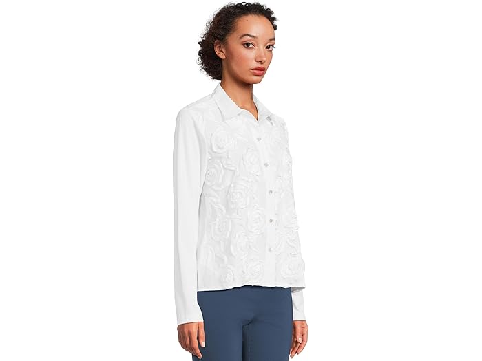 Long Sleeve Knit And Woven Combo Shirt With Rosette Detail - Image 1