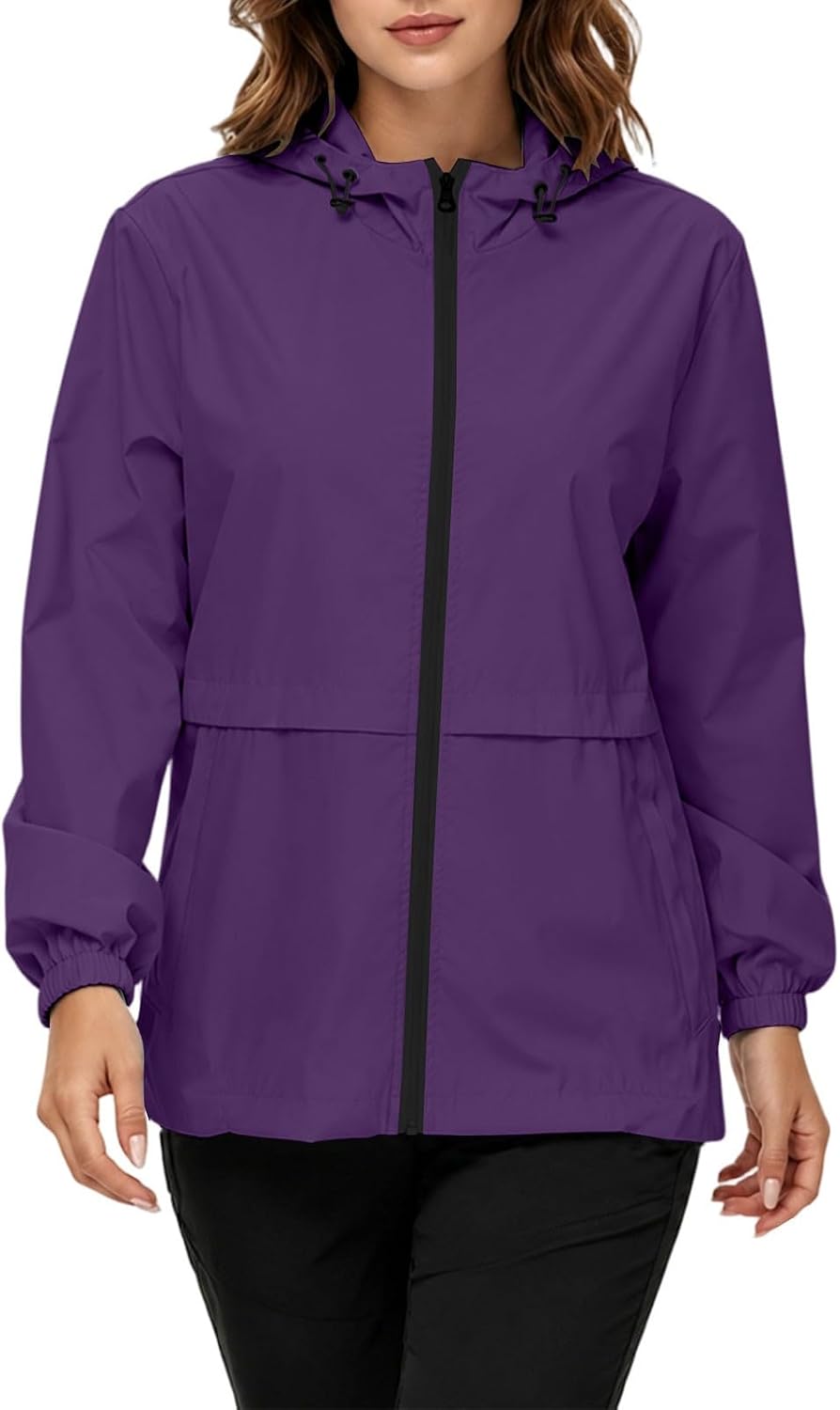 Lmdudan Women's Packable Hooded Rain Jacket Windbreaker Long Sleeve Zip Raincoat Lightweight Outdoor Travel Hiking Jacket