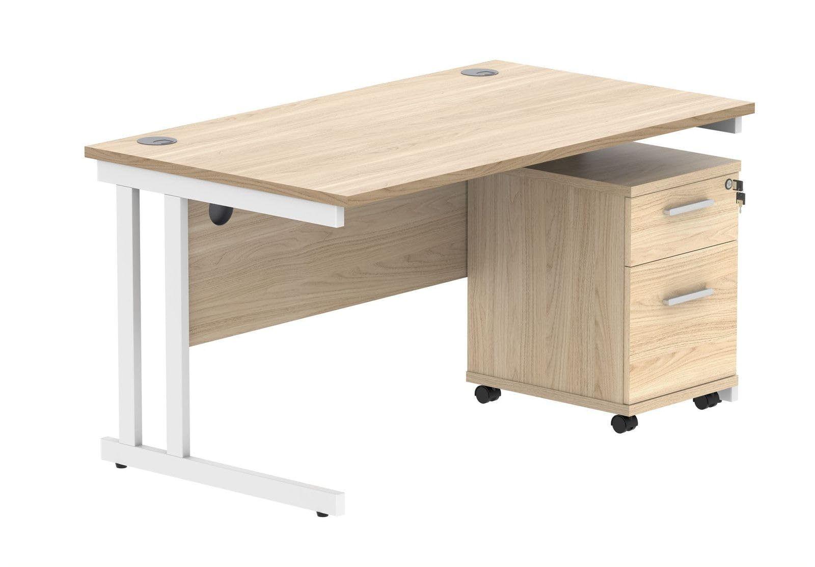 Office Desk with 2 Drawer Mobile Pedestal in Oak Finish, Home Office Workstation, Cantilever Desk with Silver, White or Black Leg Frame (White Leg Frame, 140cm x 80cm)