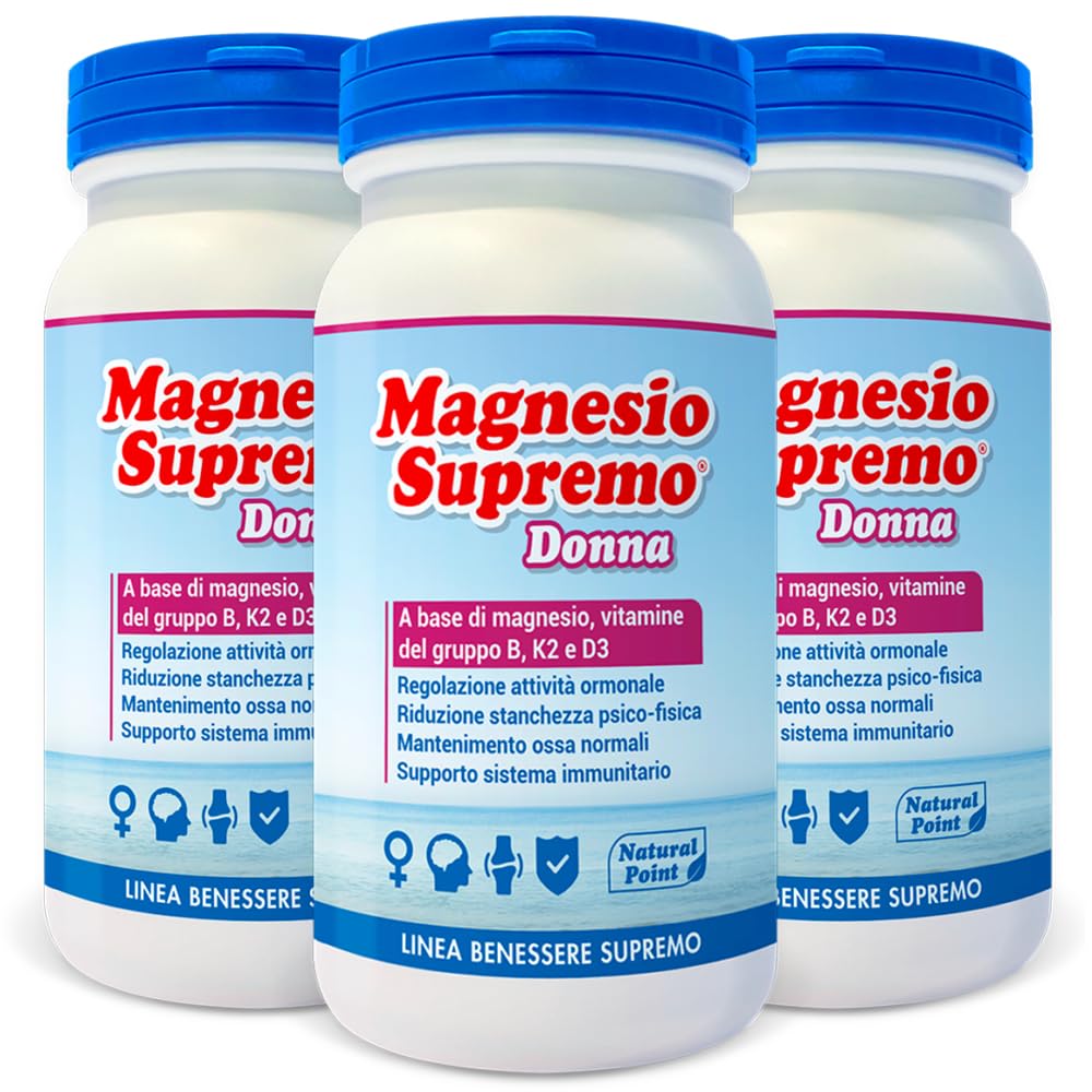 Magnesio Supremo DONNA - Integratore di Magnesio in Polvere con Vitamine B6 B9 B12 D3 K2 - Stanchezza, Sistema Nervoso, Ossa - Senza Glutine e Lattosio - Vegano - 3 Confezioni da 150g
