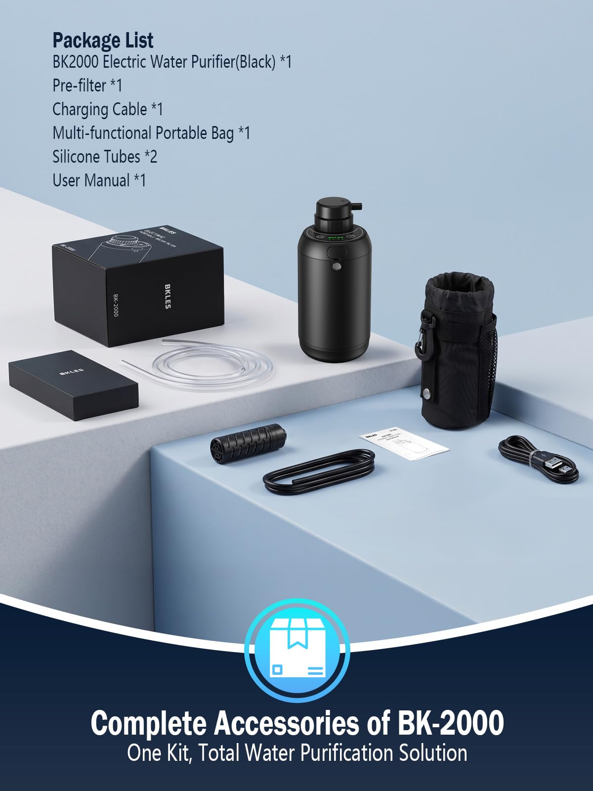 BKLES Filtro de agua eléctrico para camping, purificador de agua portátil para supervivencia, sistema de filtración de 6 etapas de 0,01 micras con luz de emergencia para senderismo, mochileros y uso