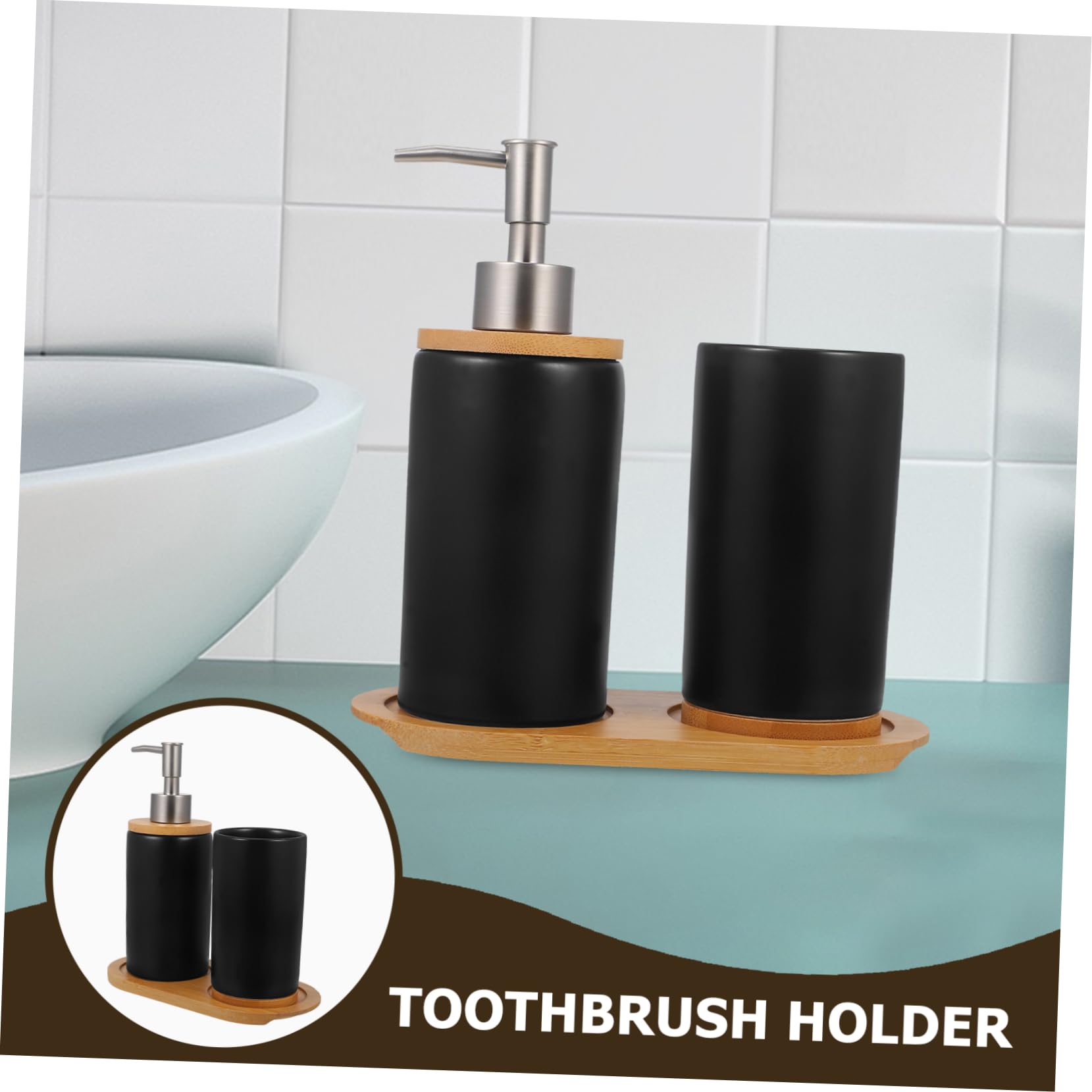 Set Accessori Bagno in Ceramica e Bambù Dispenser Sapone e Bicchiere da 350ml, Design Semplice e Portatile per Bagno e Regali House Warming