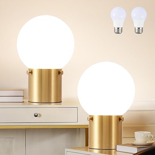 Miniatura 10 de Lámpara de mesa dorada para mesita de noche con pantalla de globo de vidrio esmerilado, lámpara de cabecera moderna de mediados de siglo con base de