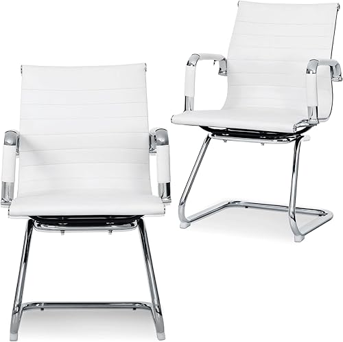 Athena Collection Juego de 2 sillas de escritorio sin ruedas, de piel sintética, con reposabrazos de base de trineo, sillones de recepción laterales