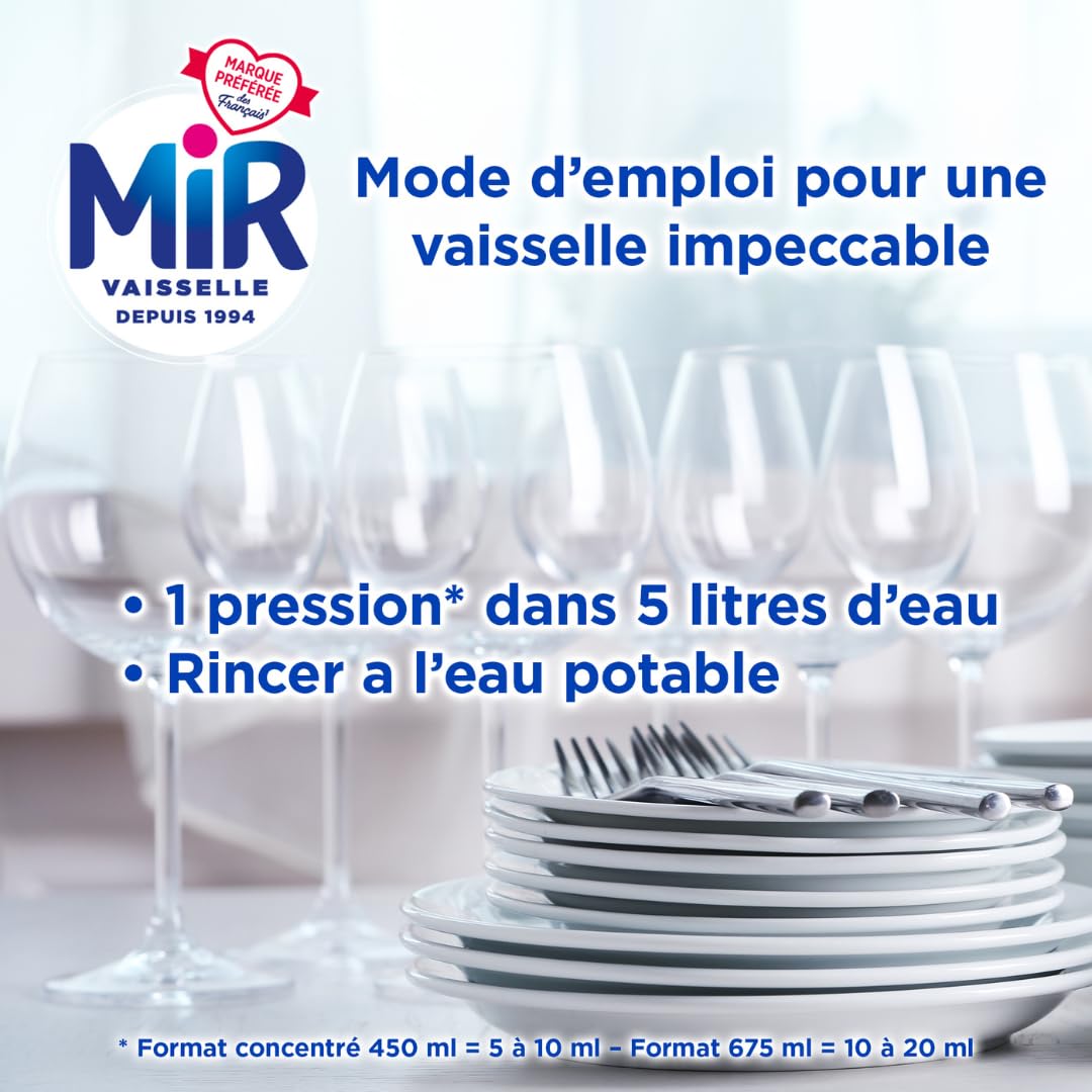 Mir Vaisselle - Liquide Vaisselle Mains - Dégraissage Expert - Pamplemousse et Vinaigre - Dégraissant - Efficace à froid - Sans Conservateurs ni Allergènes Parfum - 450ml - Lot de 16