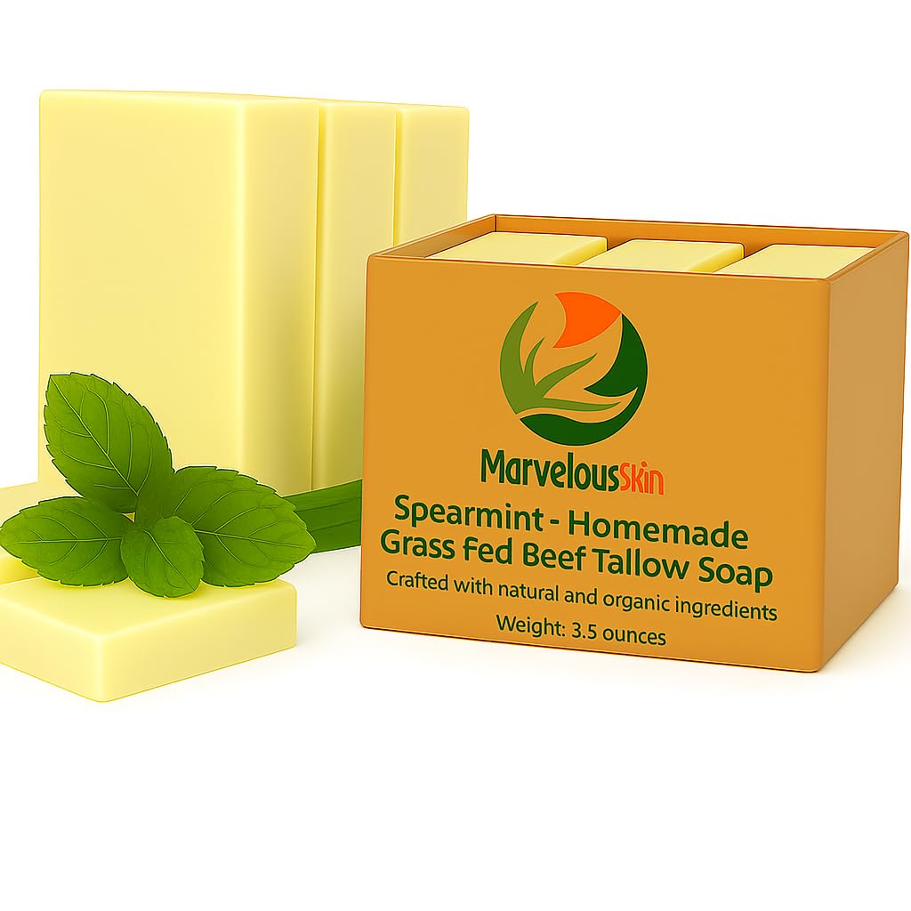 Grass Fed Beef Tallow Soap – Organic Spearmint Essential oil. 100% Handmade, Grass Fed, Chemical Free Beef Tallow Soap bars (Three Bars).